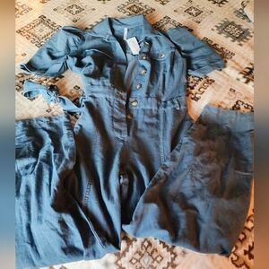NY Collection Petite Short Sleeve Belted Jumpsuit